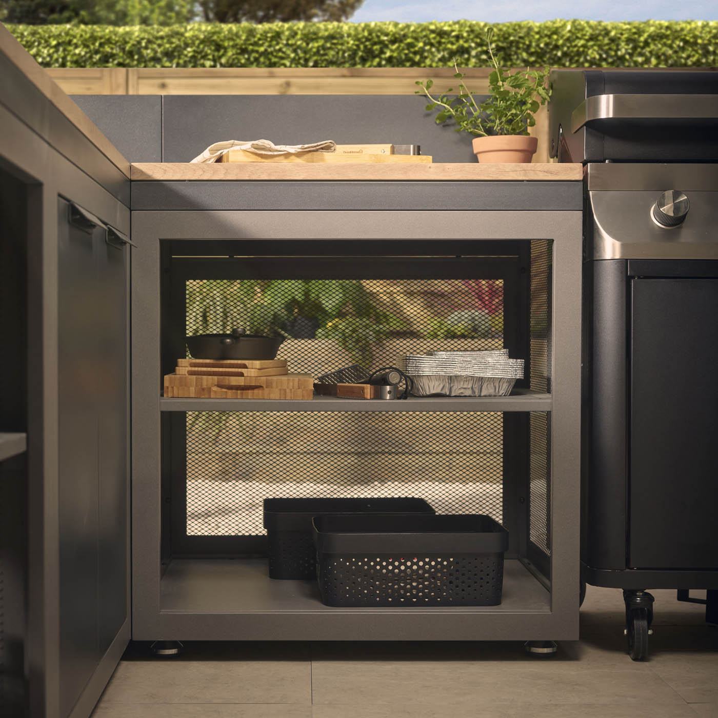 GoodHome Cucino Powder-coated Grey Open Steel Wood effect Outdoor kitchen cabinet unit - Image 2