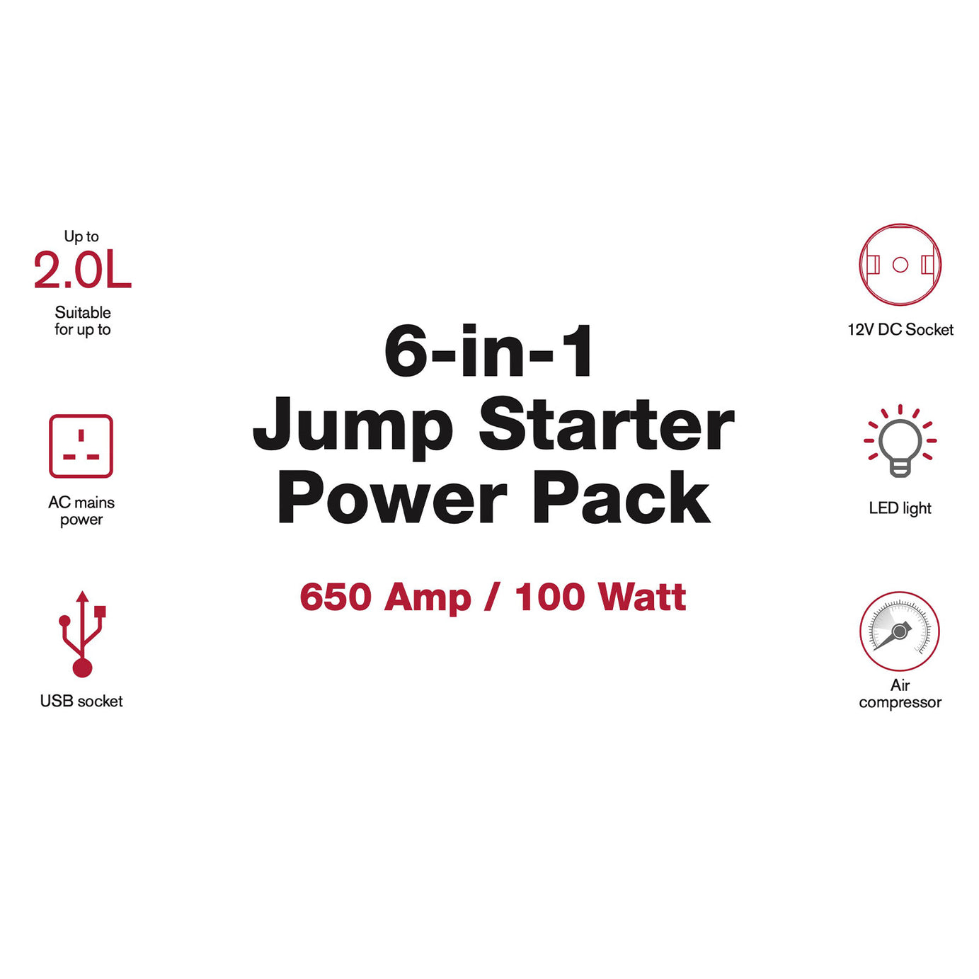 Portable Car Jump Starter Battery Pack Booster 6 In 1 Air Compressor USB 600Amp - Image 3