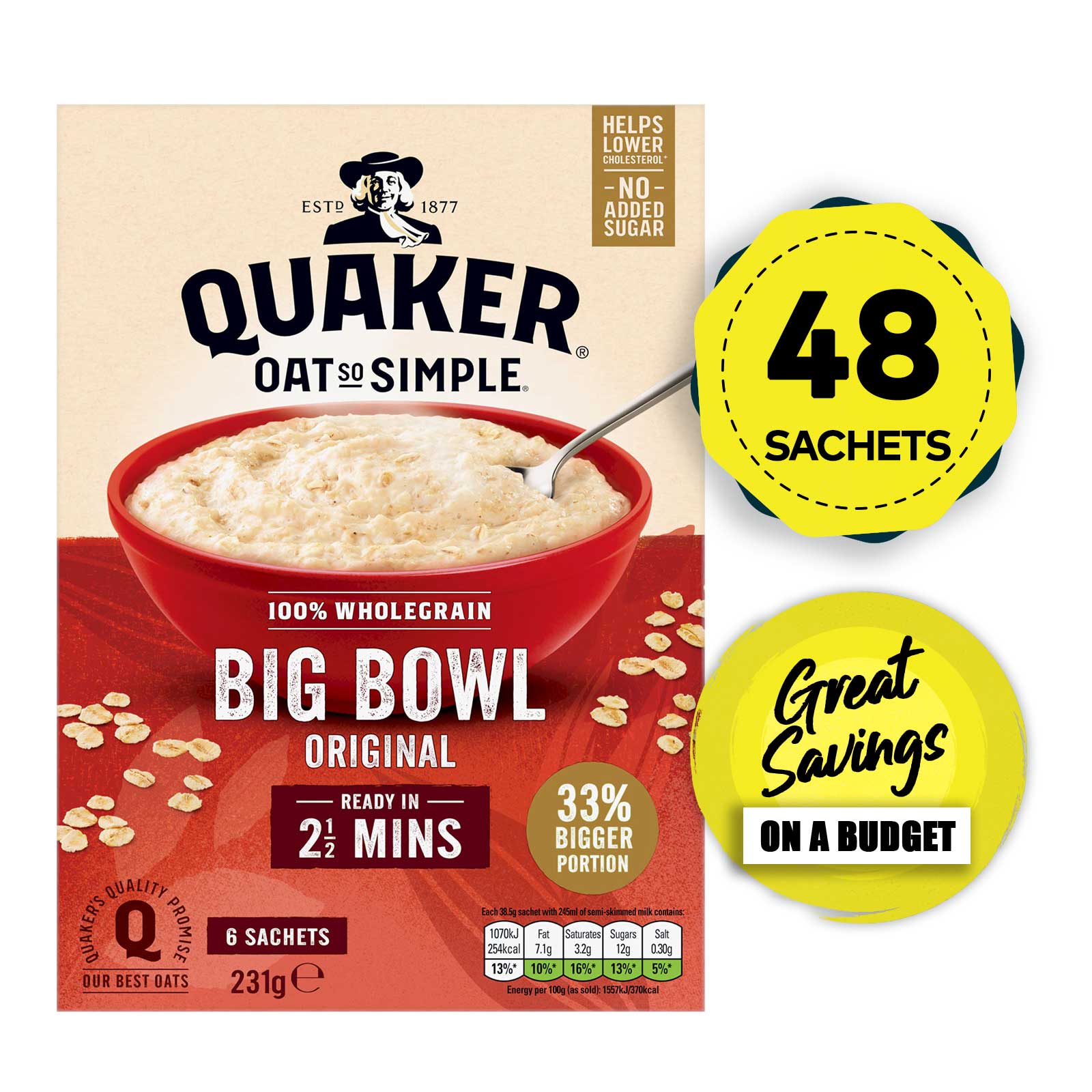 Quaker Oats Porridge So Simple Original Big Bowl Sachets 48 x 38.5g - Image 1