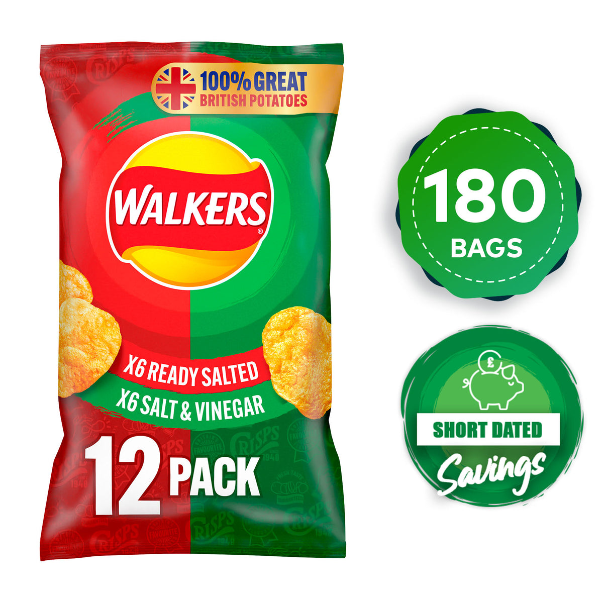 Walkers Crisps Ready Salted and Salt & Vinegar Variety Multipack Bundle 180x25g - Image 1