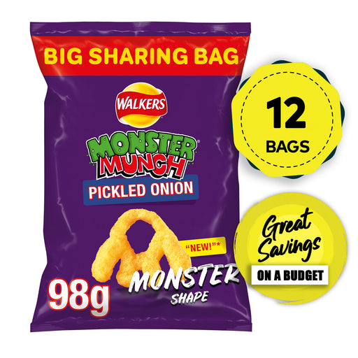 Walkers Monster Munch Pickled Onion Vegetarian Snacks 12 Bags x 98g - Image 1