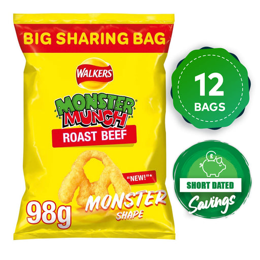 Walkers Crisps Monster Munch Roast Beef Sharing Bag Snacks 12 Pack of x 98g - Image 1