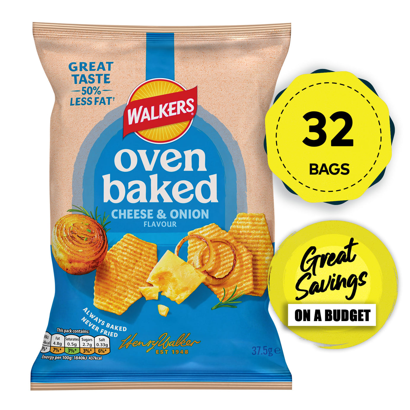 Walkers Baked Crisps Cheese & Onion Snack Sharing Lunch 32 x 37.5g - Image 1