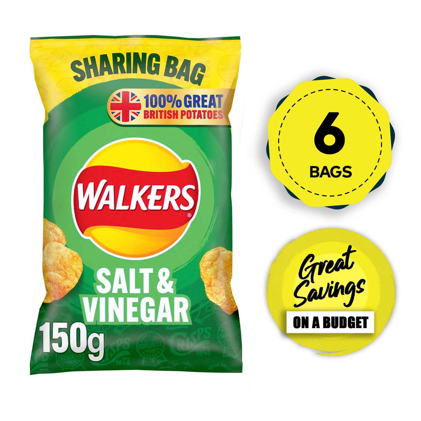 Walkers Crisps Salt And Vinegar Lunch Sharing Snacks 6 Bags x 150g - Image 1