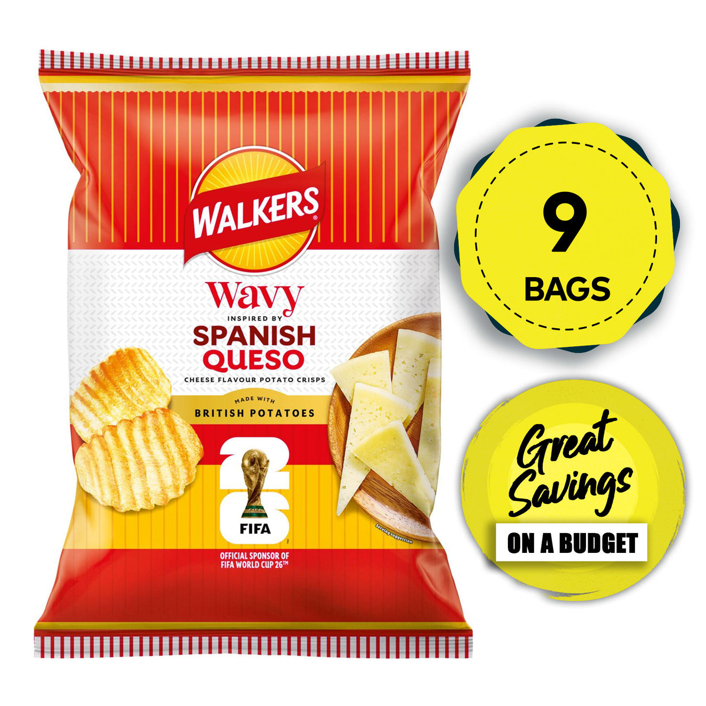 Walkers Crisps Wavy Spanish Queso Cheese Sharing Bag Snacks 9 x 150g - Image 1