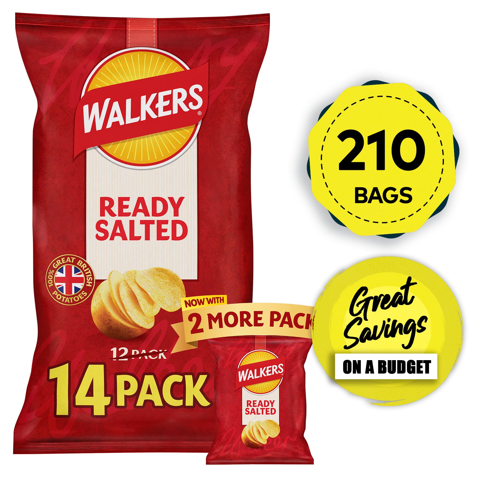 Walkers Crisps Ready Salted Multipack Sharing Snack 210 Bags x 25g - Image 1
