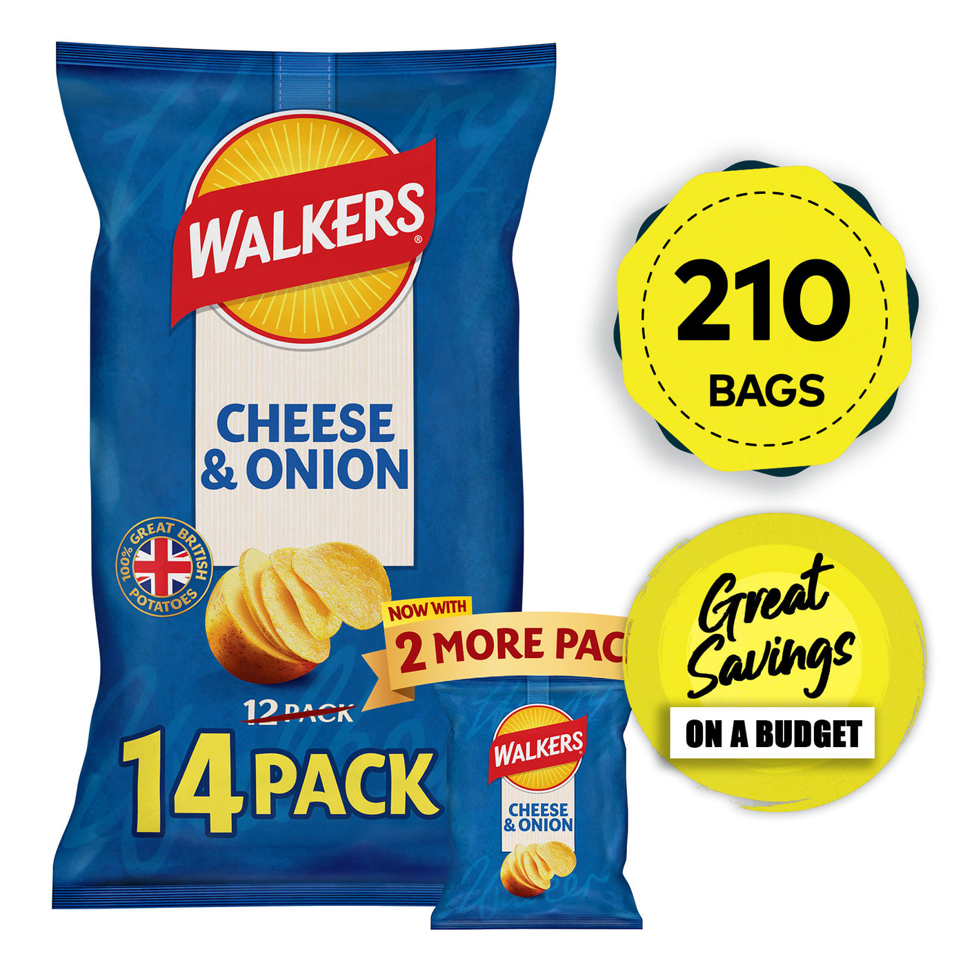 Walkers Crisps Cheese Onion Multipack Sharing Snacks 210 Bags x 25g - Image 1