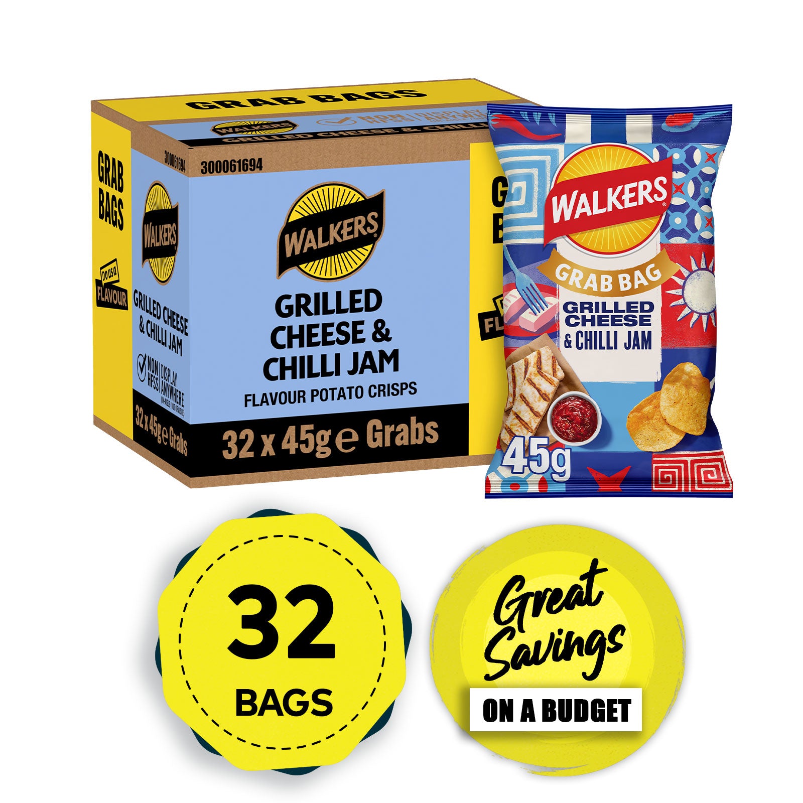 Walkers Crisps Grilled Cheese & Chilli Jam Grab Bag 32 x 45g - Image 1
