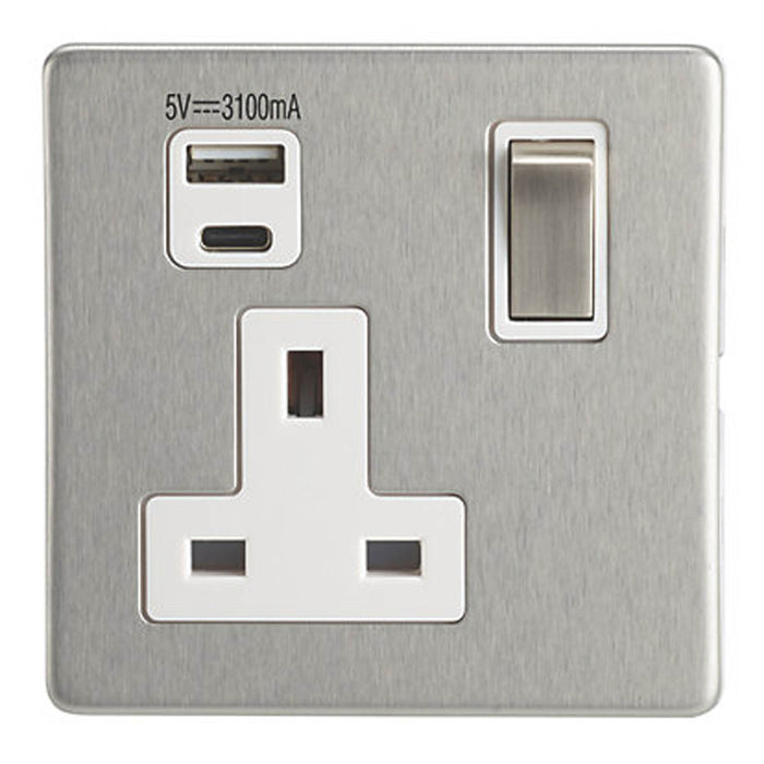 Switched Socket 13A Type A C USB Charger 3.1A 15.5W Brushed Stainless Steel - Image 2