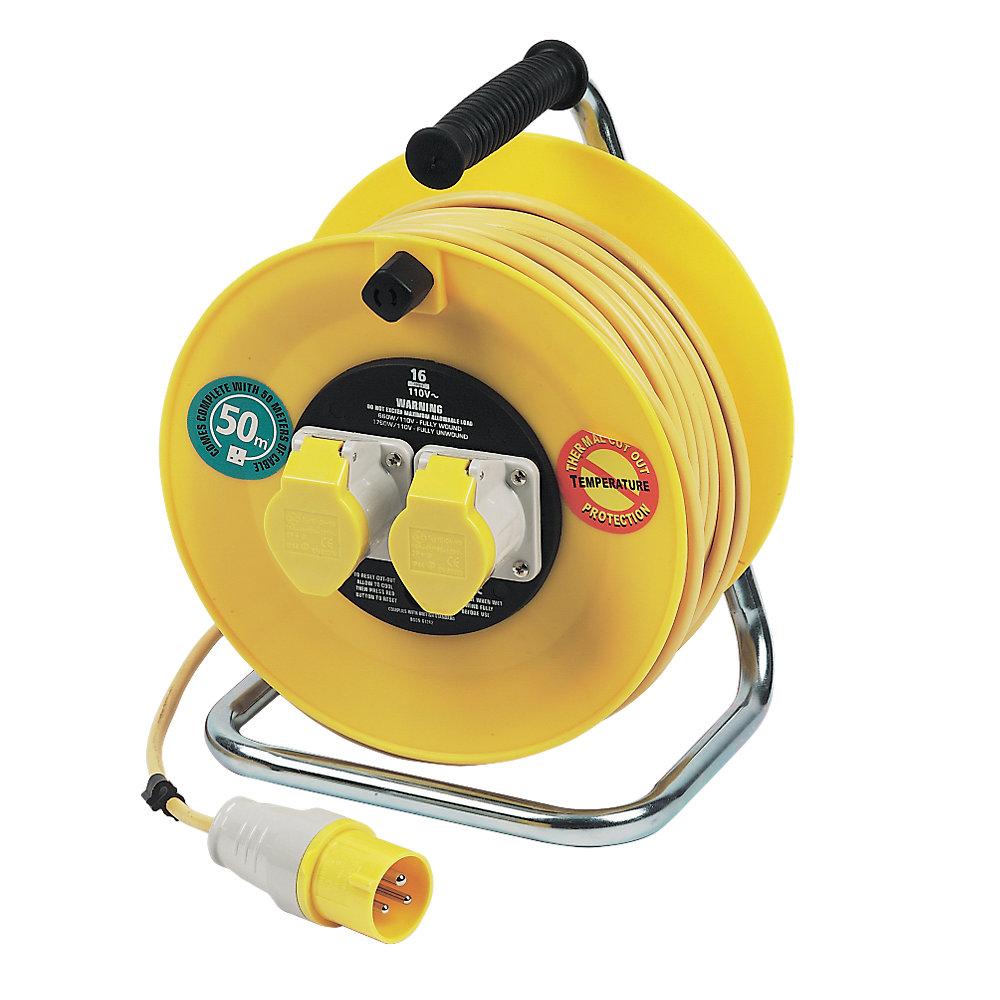 Masterplug Cable Reel Site Extension Lead 2 Gang Indoor Outdoor 16A 50m 110V - Image 1