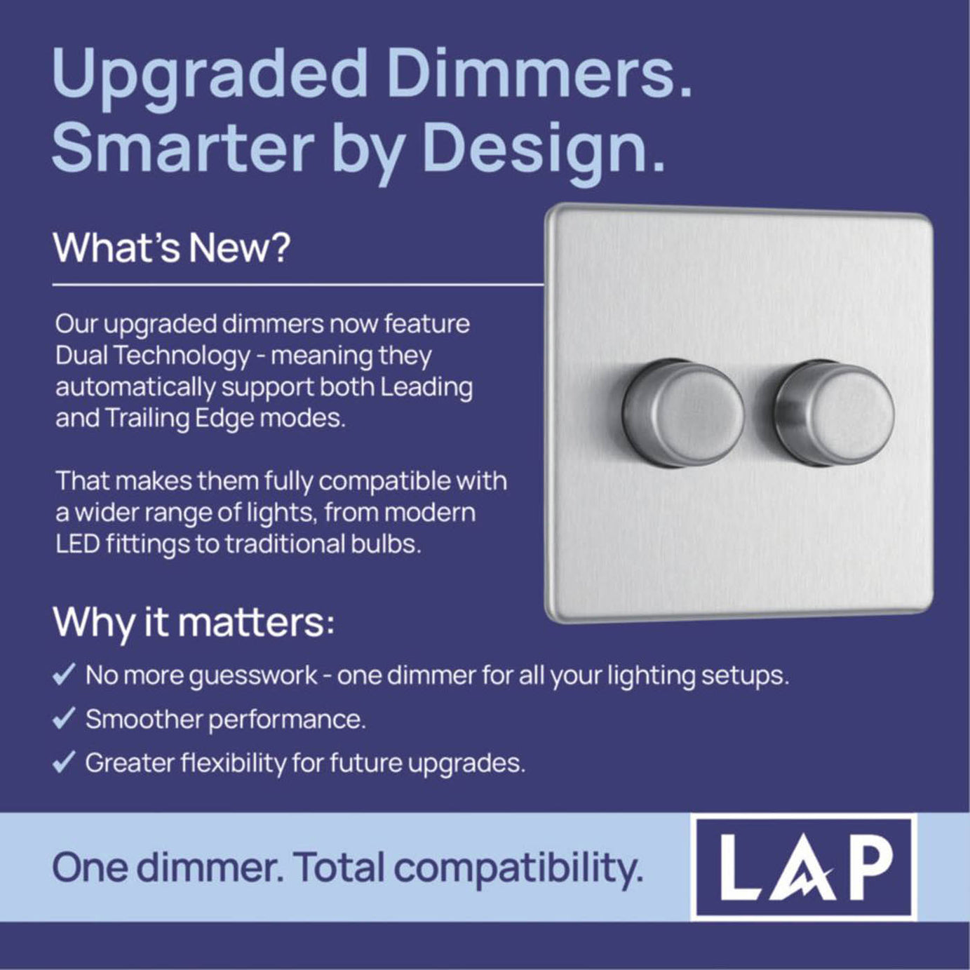 LAP LED Dimmer Light Switch 2-Gang 2-Way Brushed Steel Rotary Screwless - Image 3