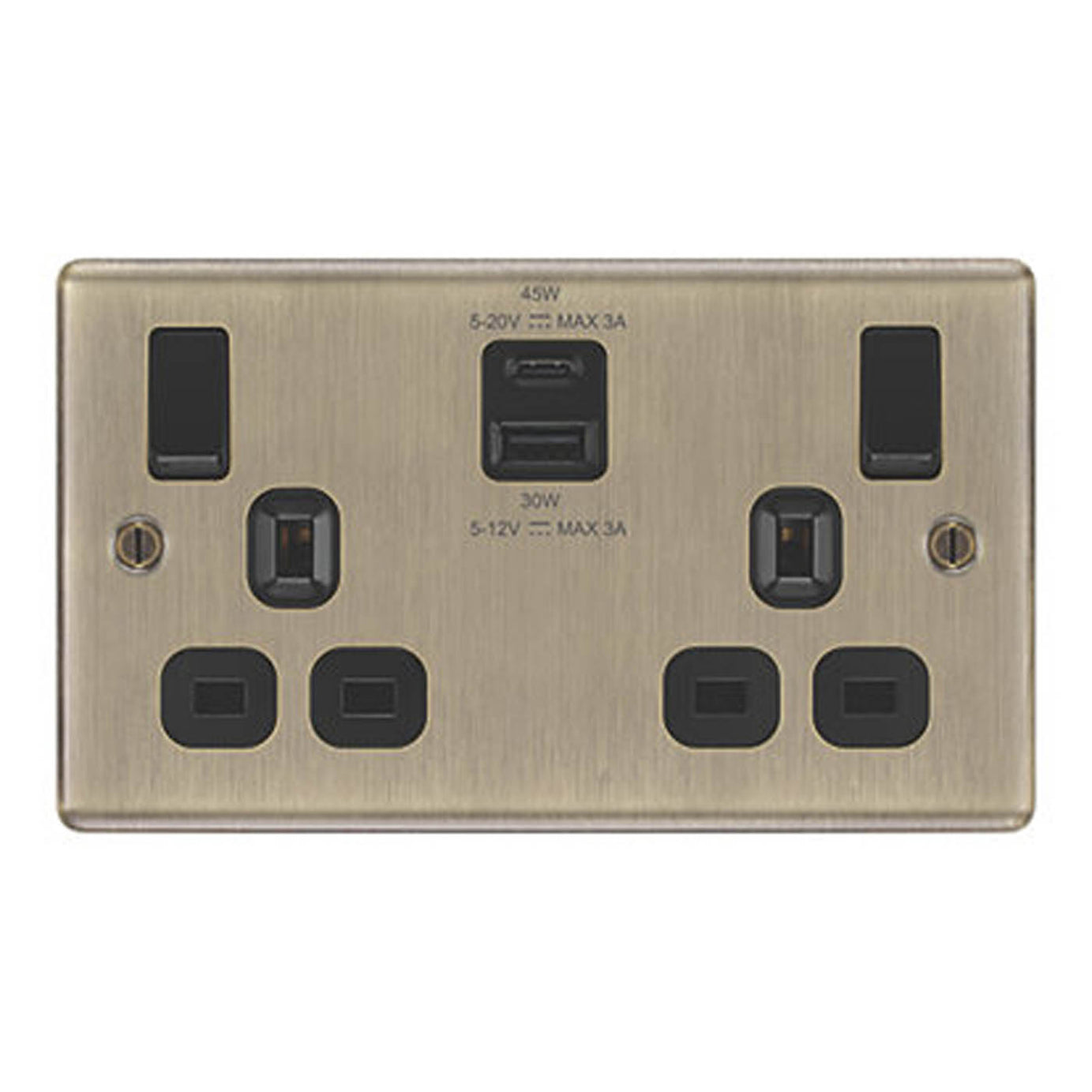 LAP 13A 2-Gang SP Switched Socket 3A 45W 2-Outlet USB Charger Antique Brass - Image 1