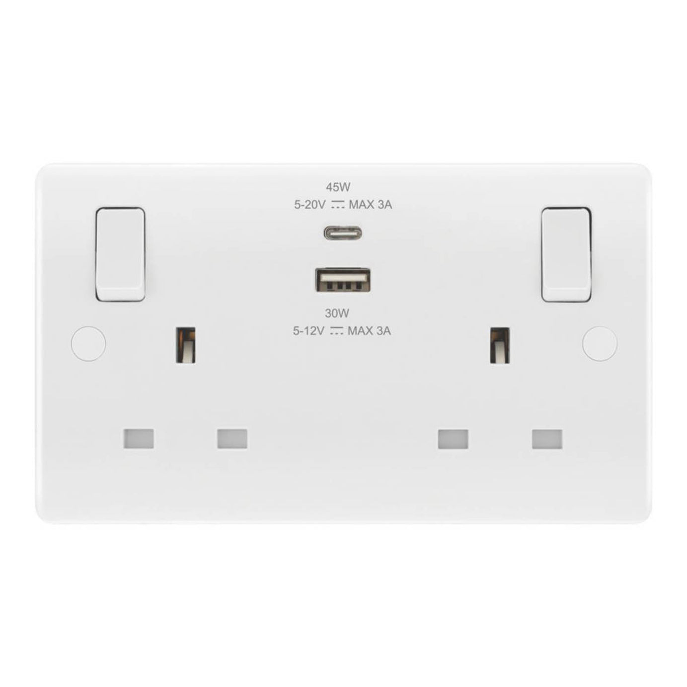 LAP  13A 2-Gang SP Switched Socket + 3A 45W 2-Outlet Type A & C USB Charger White - Image 1