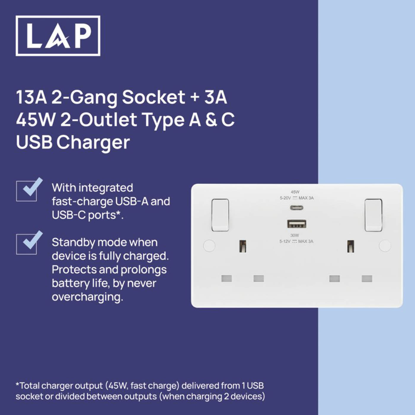 LAP  13A 2-Gang SP Switched Socket + 3A 45W 2-Outlet Type A & C USB Charger White - Image 2
