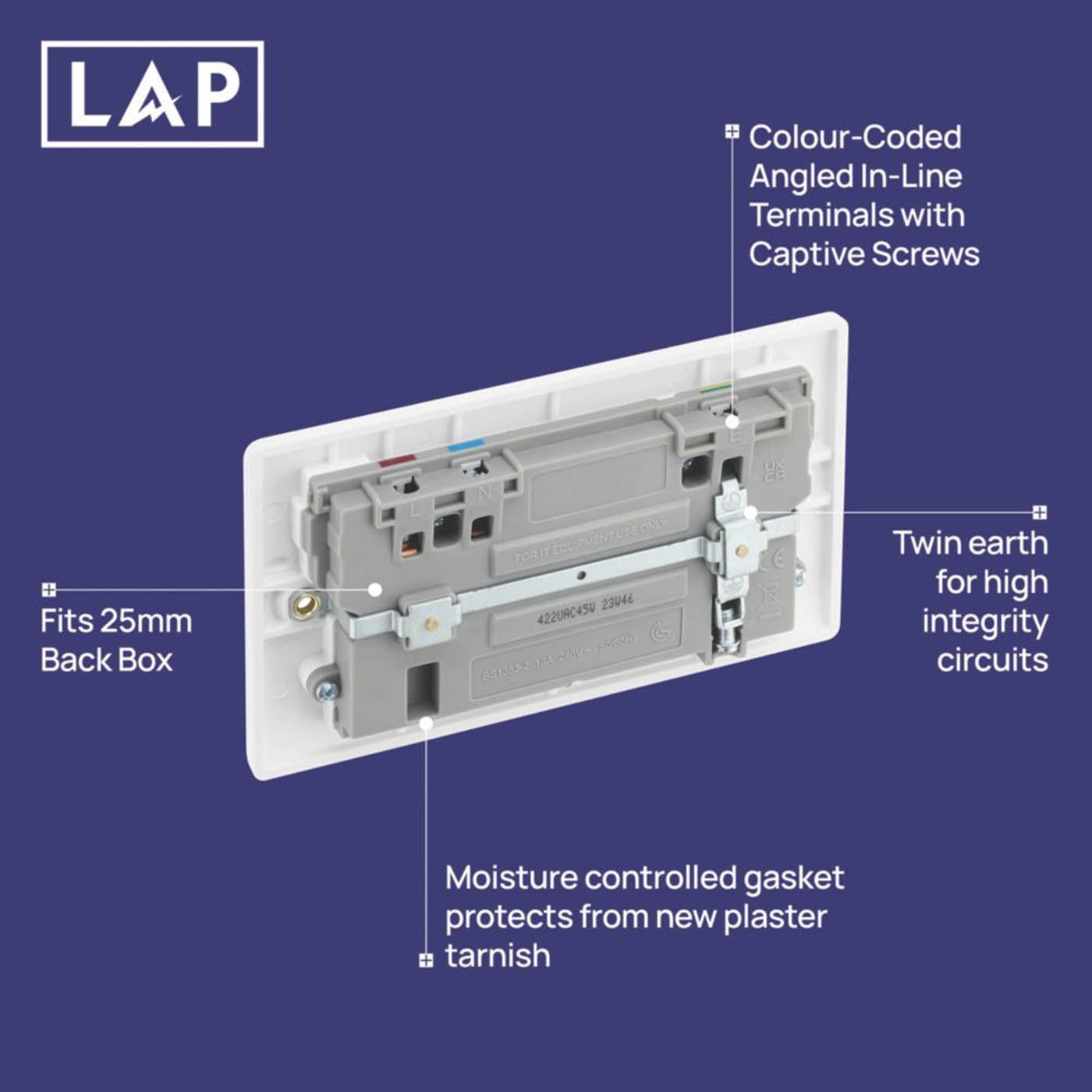 LAP  13A 2-Gang SP Switched Socket + 3A 45W 2-Outlet Type A & C USB Charger White - Image 5