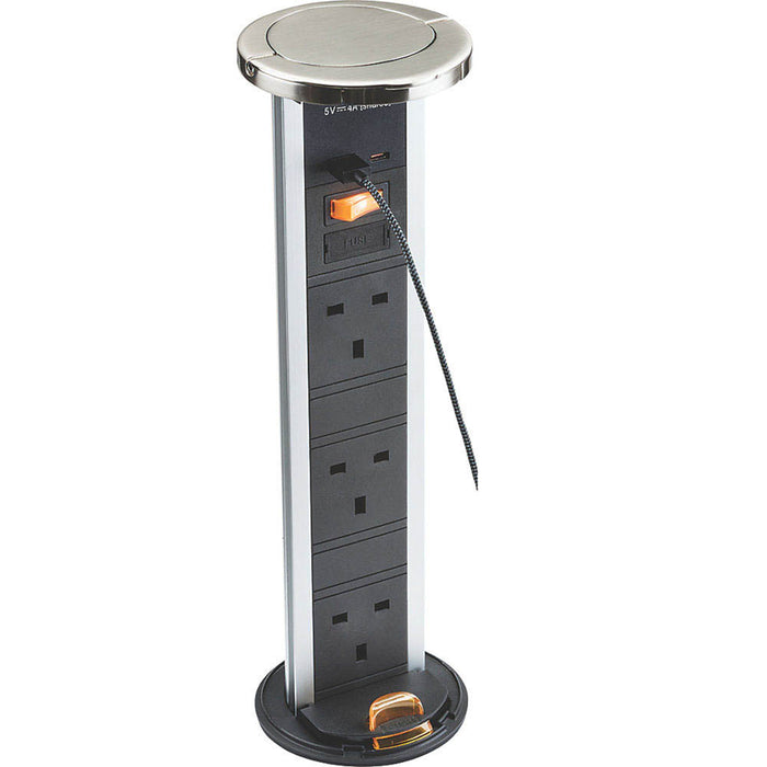 Knightsbridge Socket SK9909BC 2 USB Chrome Pop Up 3 Gang 13 A LED Indicator 230V - Image 1