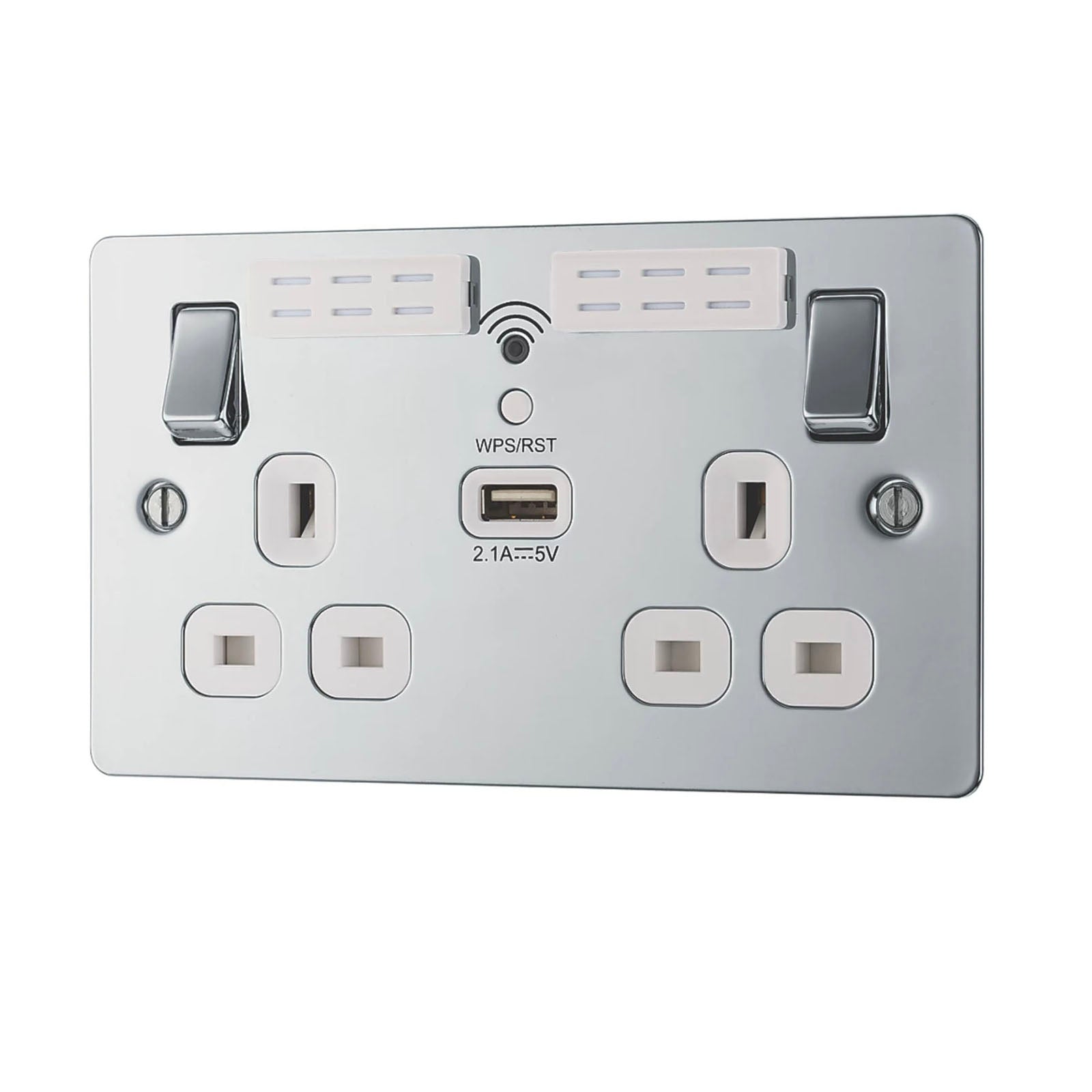 LAP Switched Socket USB Wi-Fi Extender 2 Gang Single Pole Type A USB Chrome 13 A - Image 1