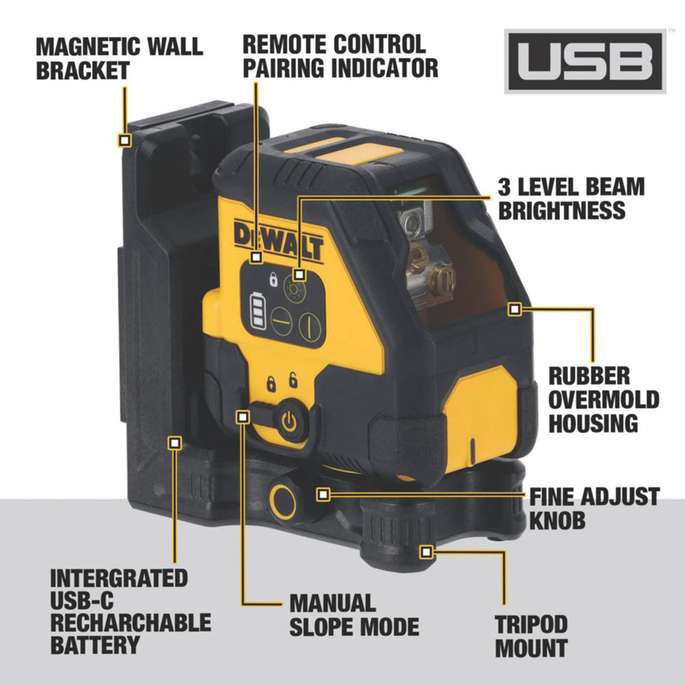 DEWALT DCLE14201RB-XJ Red Self-Levelling Cross-Line USB Laser - Image 2