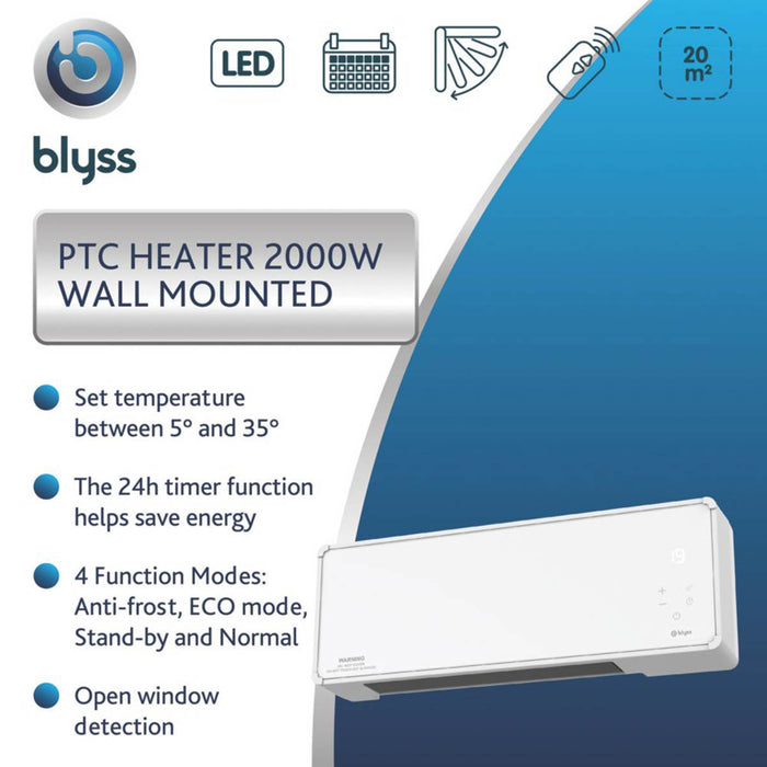 Blyss Heater Electric Wall-Mounted White LED Display Oscillation BL PTCM 2000W - Image 3