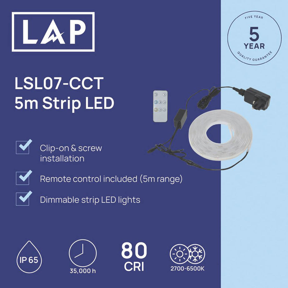 Lap LED Strip Light 5m Dimmable Variable White 2000lm Indoor Outdoor 20W - Image 3