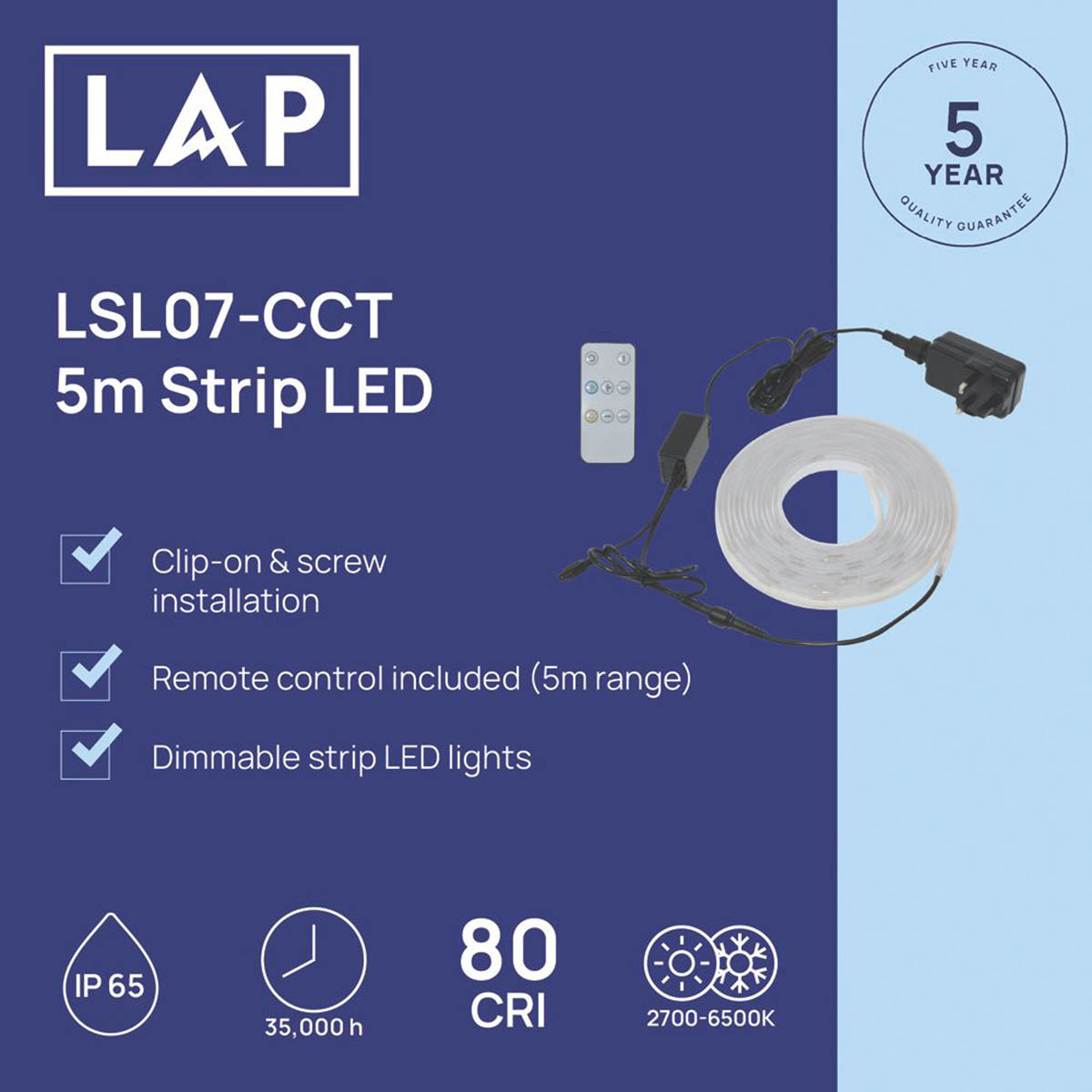 Lap LED Strip Light 5m Dimmable Variable White 2000lm Indoor Outdoor 20W - Image 3