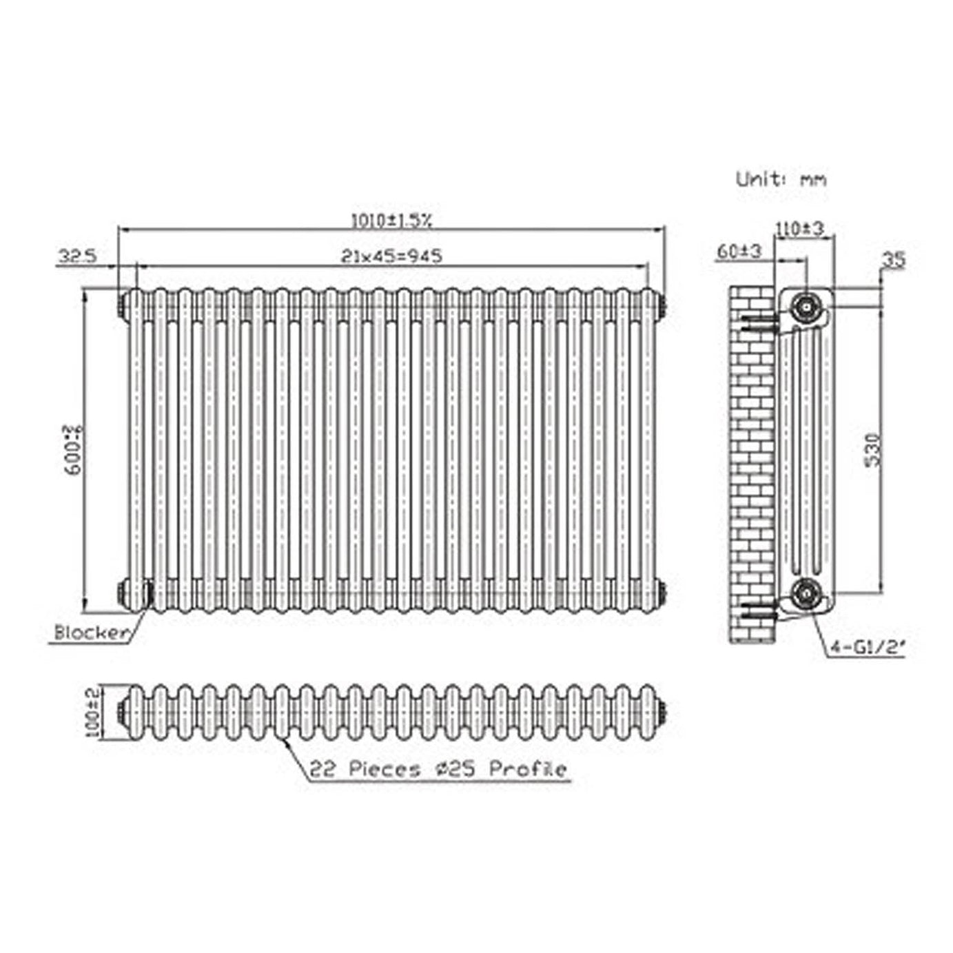 Flomasta 600mm x 1010mm 4366BTU White Horizontal 3 Column Radiator - Image 6