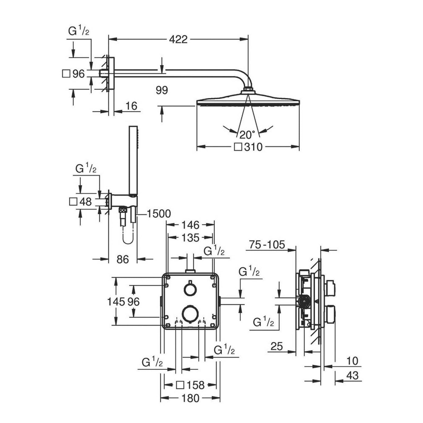 Grohe Thermostatic Shower System Concealed Chrome Single Spray Pattern Square - Image 2