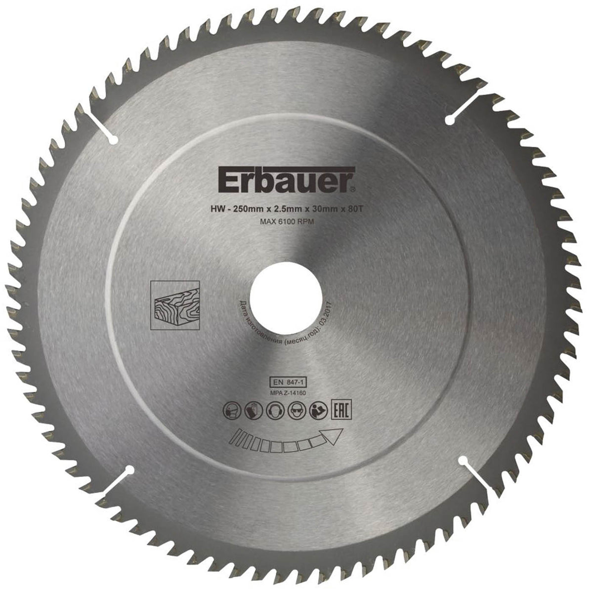 Erbauer Mitre Saw Blade TCT Wood Fine Cut Carbide Teeth 250 x 30mm 80T - Image 1