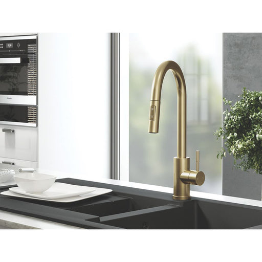 Kitchen Tap Mixer Pull-Out Brushed Brass Single Lever Modern Ceramic Cartridge - Image 1