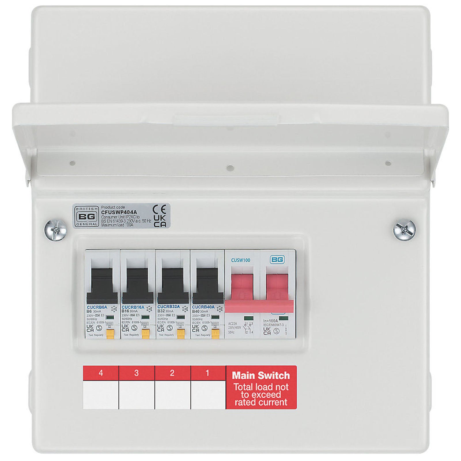 British General Consumer Unit 6 Module 4 Way Populated Fortress Main Switch - Image 3