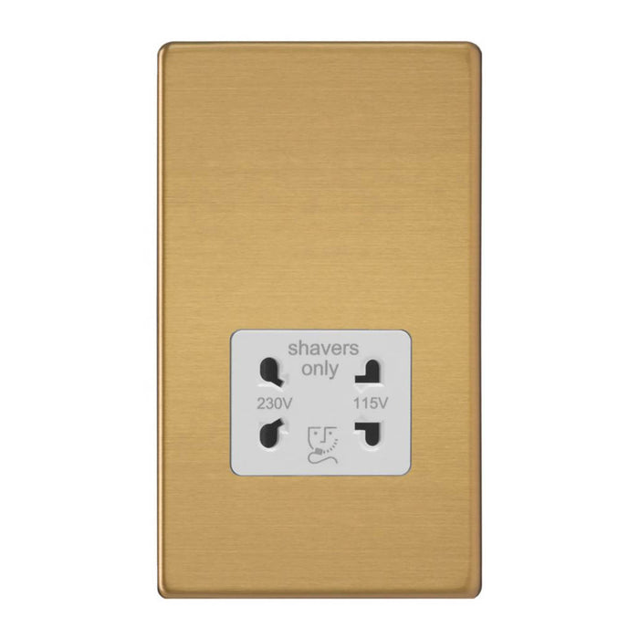 Varilight  2-Gang Dual Voltage Shaver Socket 115 / 230V Brushed Brass with White Inserts - Image 1