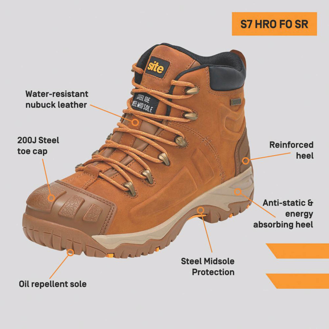 Site Safety Boots Mens Standard Fit Brown Waterproof Work Shoes Steel Toe Size 7 - Image 3