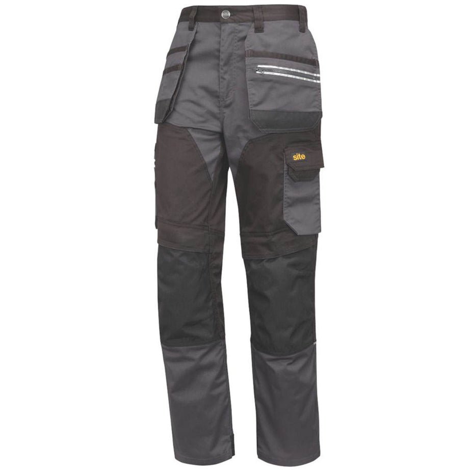 Site Work Trousers Mens Regular Fit Grey Black Multi Pocket Stretch 36"W 32"L - Image 1