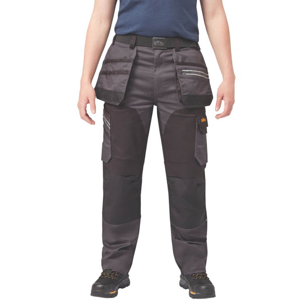 Site Work Trousers Mens Regular Fit Grey Black Multi Pocket Stretch 36"W 32"L - Image 4