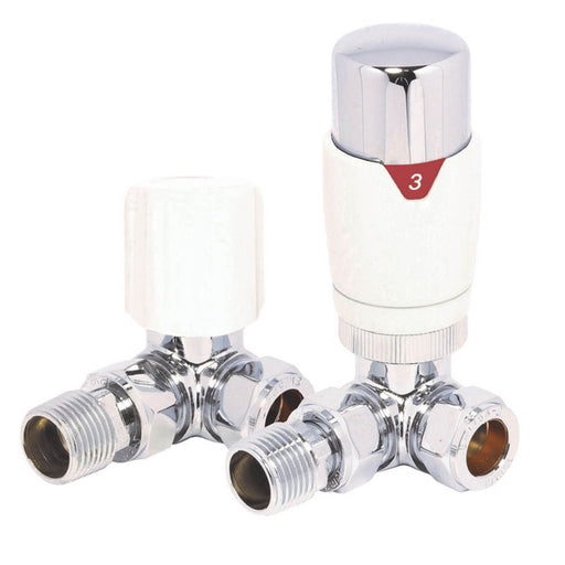 Towelrads Radiator Valves Corner TRV Lockshield White Liquid Sensor 15mm x 1/2" - Image 1