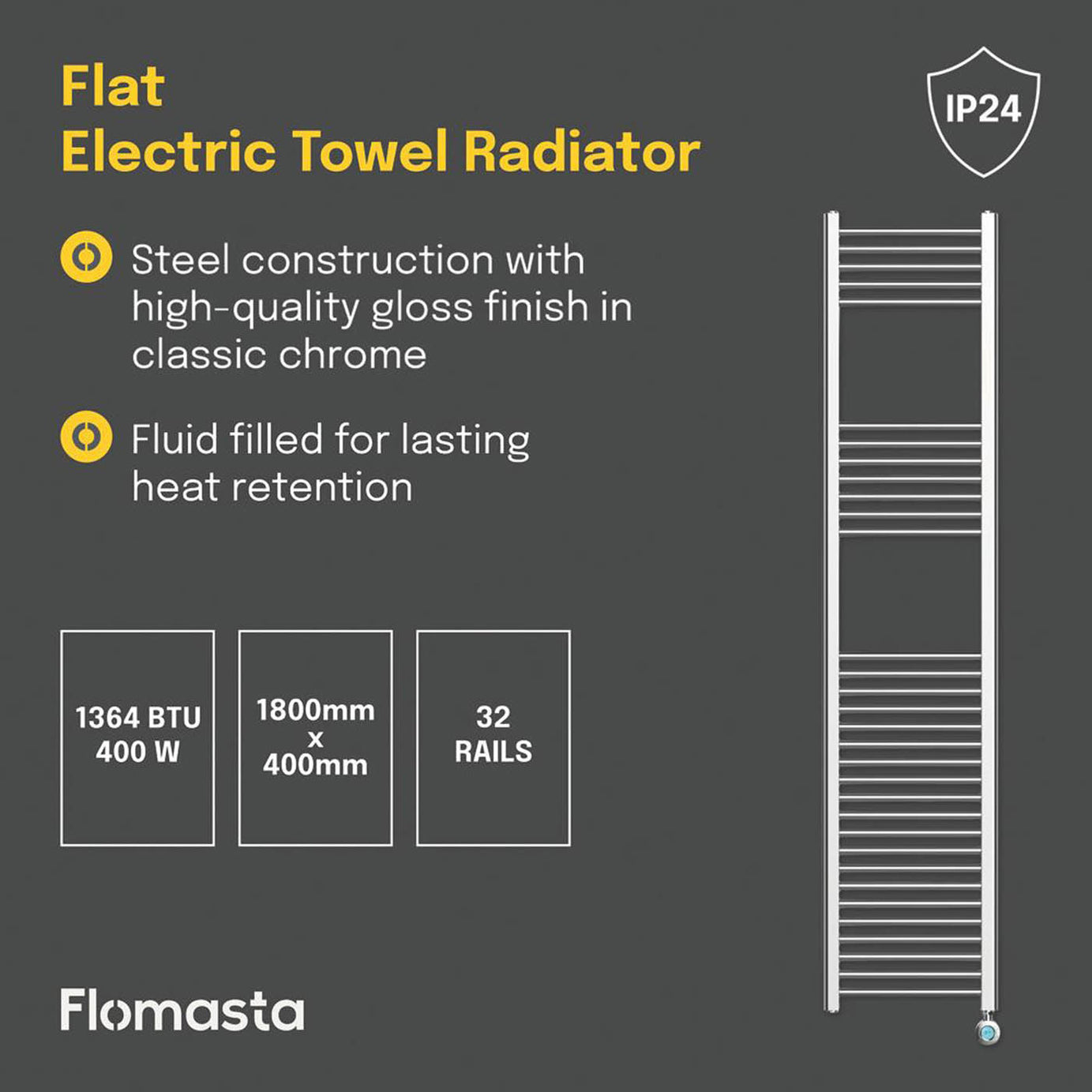 Flomasta Electric Towel Rail Radiator Chrome Flat Bathroom Warmer 180x40cm - Image 4