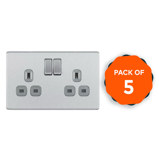 LAP Power Socket 2 Gang Switched Screwless Brushed Steel Flat 13A 240V Pack Of 5 - Image 1