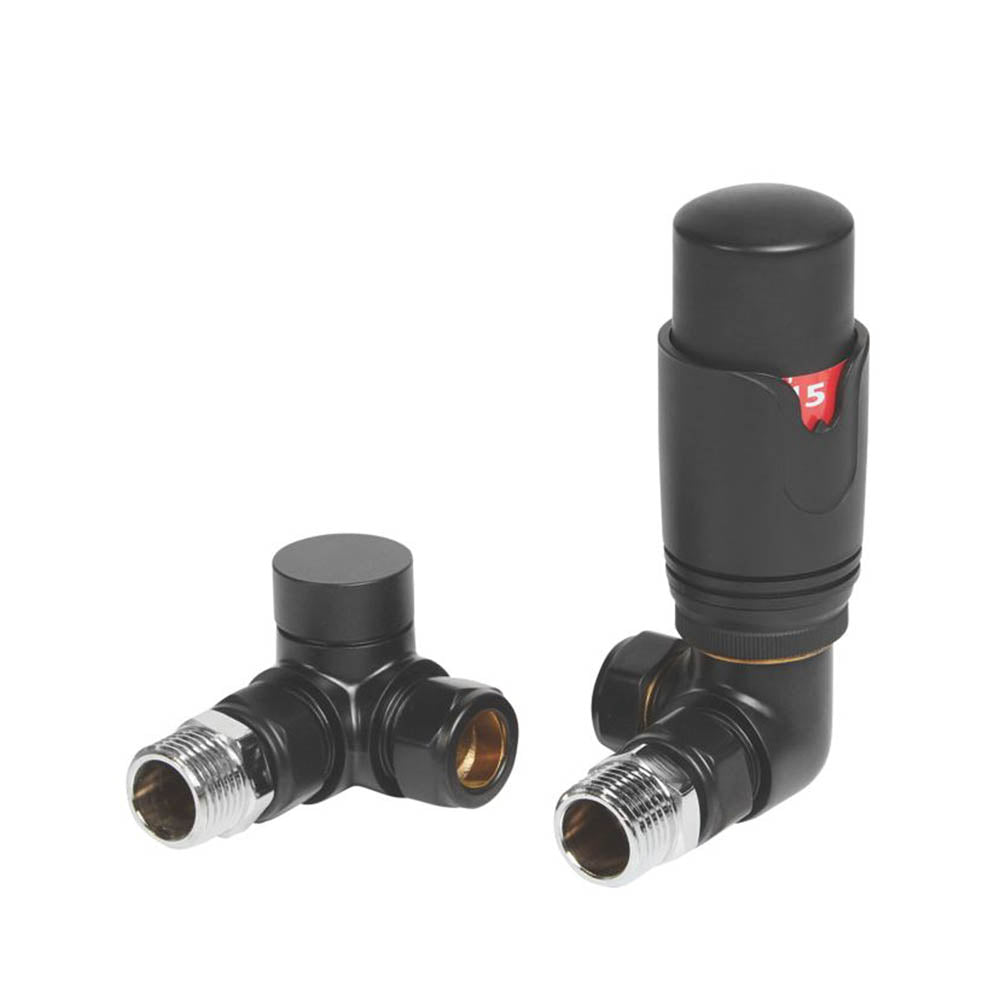 Radiator Valve And Lockshield Angled Thermostatic Black Liquid Sensor 15mm - Image 1