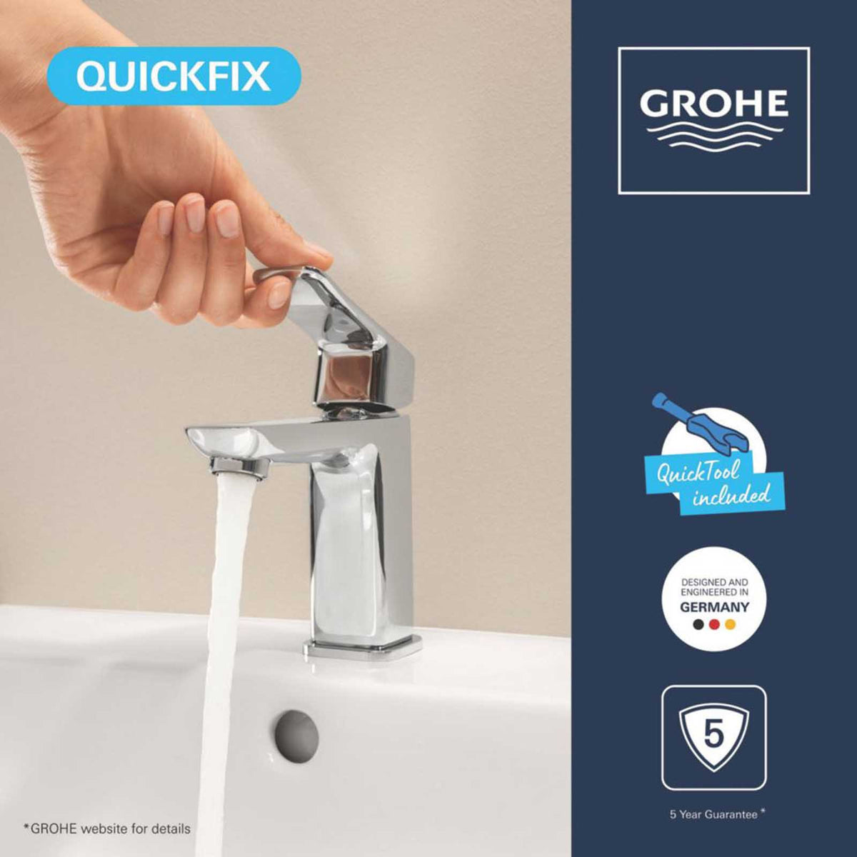 Grohe Bathroom Basin Tap Mono Mixer Chrome Single Lever Clicker Waste Faucet - Image 5