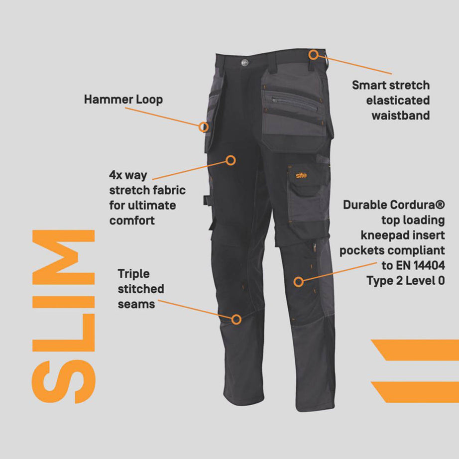 Site Work Trousers Mens Slim Fit Black Grey Stretch Multi Pockets 32"W 32"L - Image 3