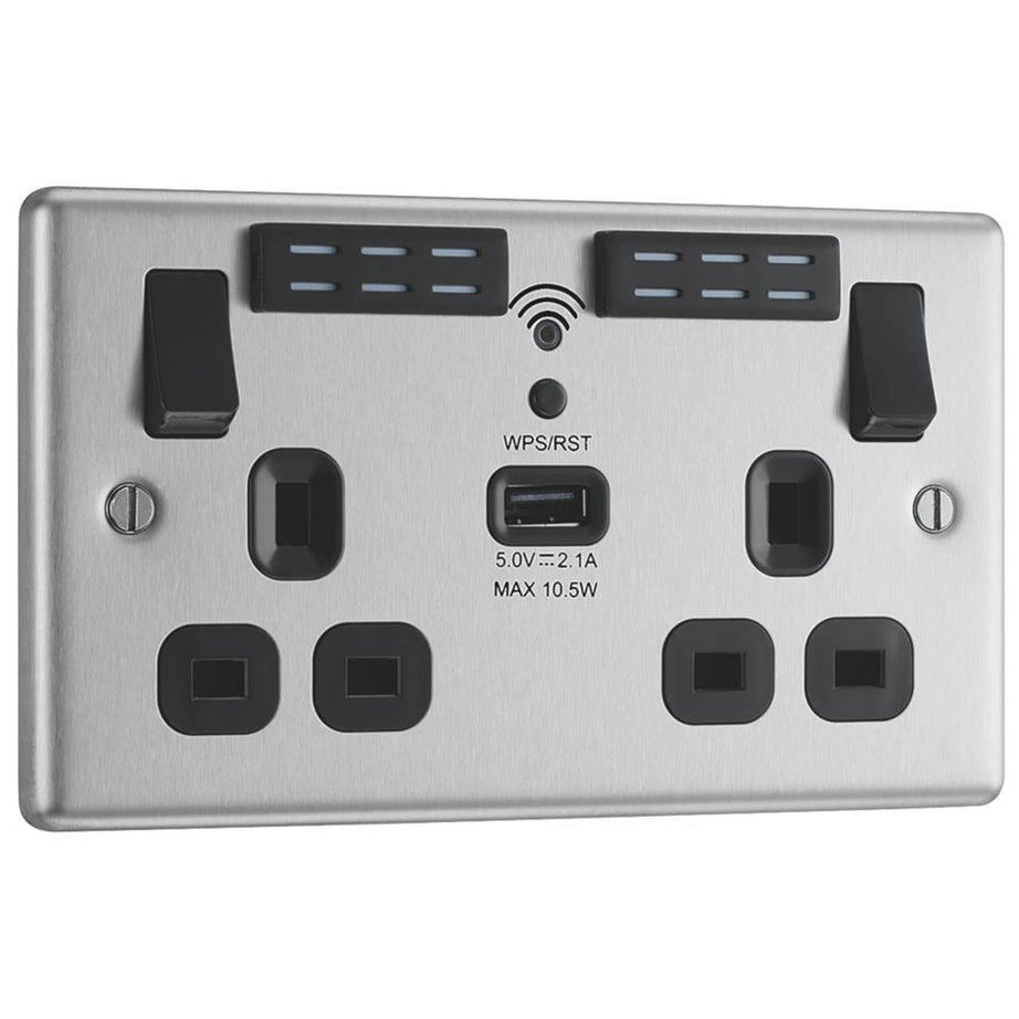 Double Wall Socket LED 2 Gang 2.1A USB A Port WiFi Extender 13A  Brushed Steel - Image 1