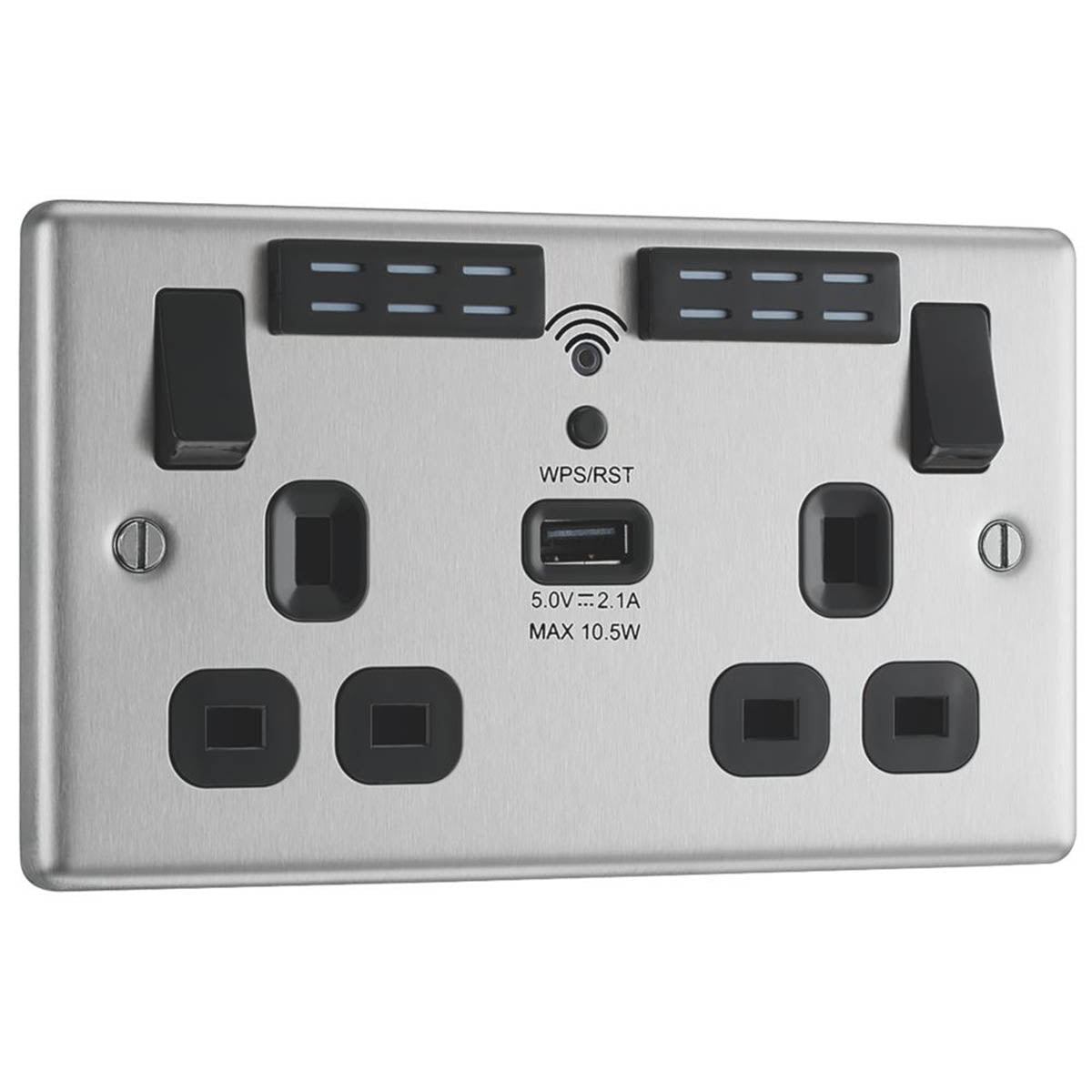 Double Wall Socket LED 2 Gang 2.1A USB A Port WiFi Extender 13A  Brushed Steel - Image 1