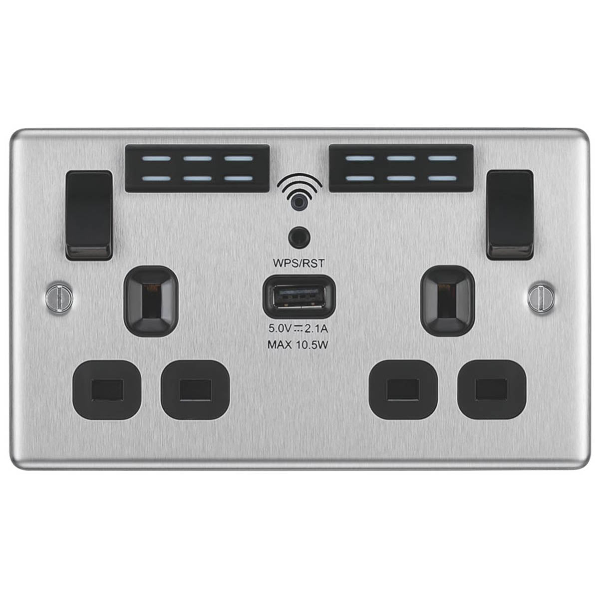 Double Wall Socket LED 2 Gang 2.1A USB A Port WiFi Extender 13A  Brushed Steel - Image 2