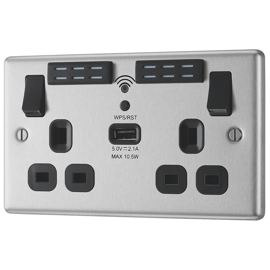 Double Wall Socket LED 2 Gang 2.1A USB A Port WiFi Extender 13A  Brushed Steel - Image 5