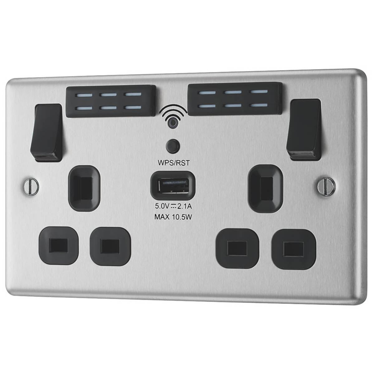 Double Wall Socket LED 2 Gang 2.1A USB A Port WiFi Extender 13A  Brushed Steel - Image 5