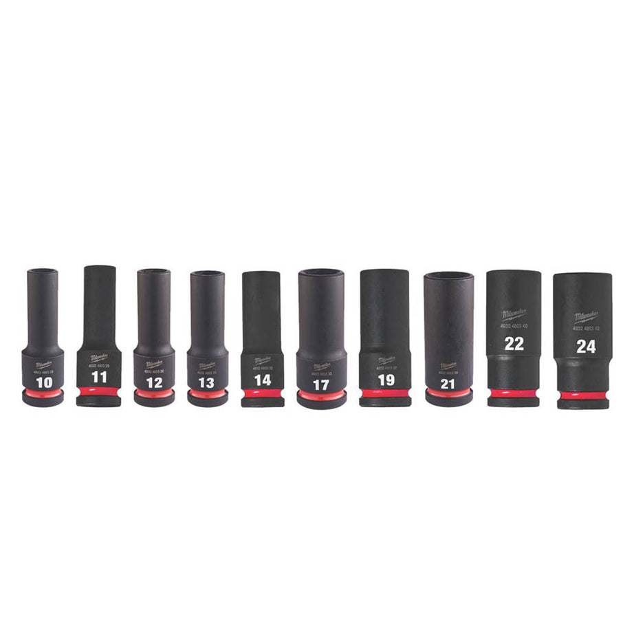 Milwaukee Impact Deep Socket Set Chrome Molybdenum Steel 1/2" 10-24mm Pack Of 10 - Image 1