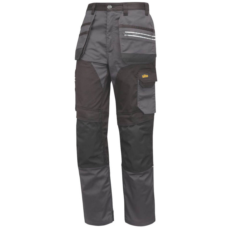 Site Work Trousers Mens Regular Fit Grey Black Stretch Multi Pockets 32"W 32"L - Image 1