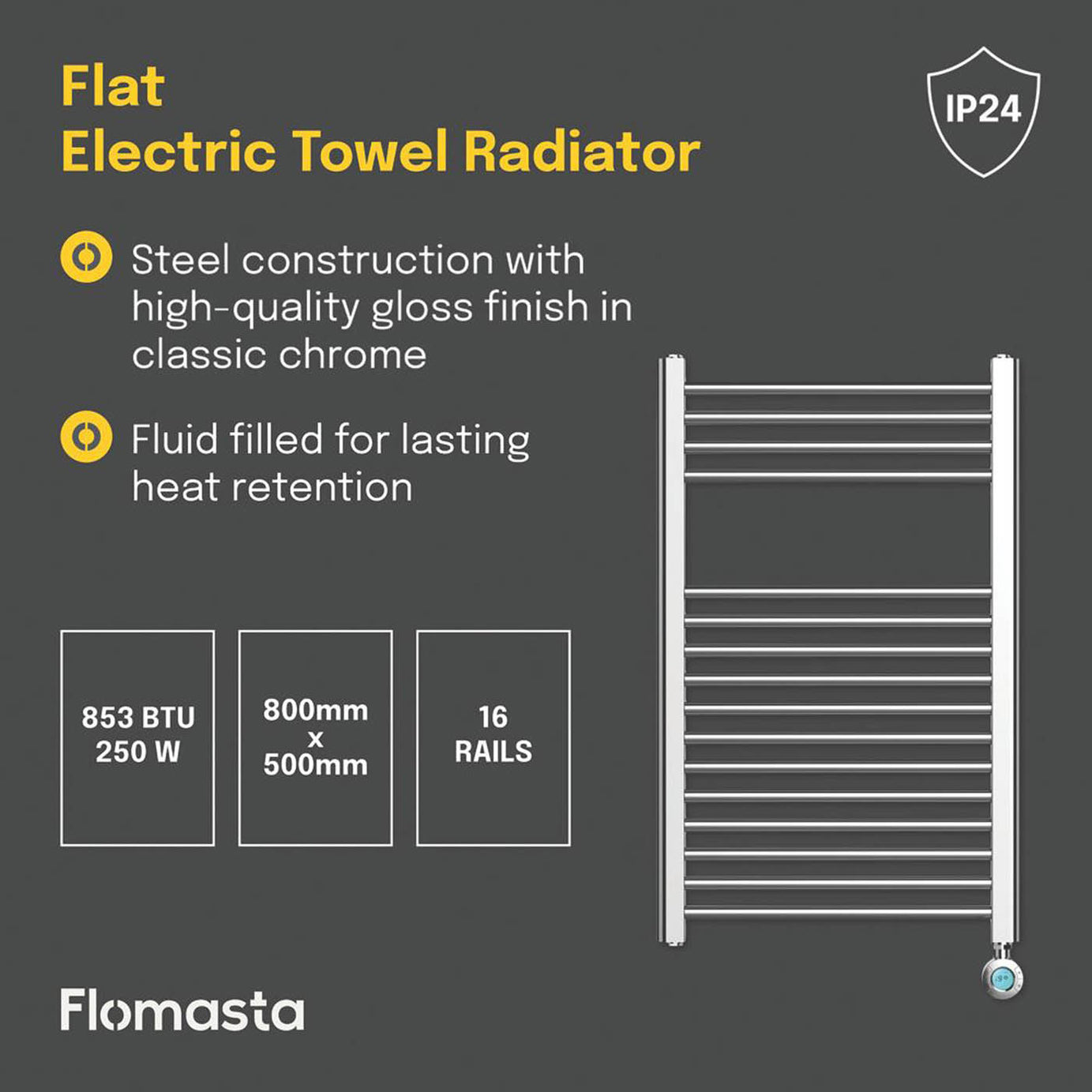 Flomasta Electric Towel Rail Radiator Chrome Flat Bathroom Warmer 80x50cm - Image 4