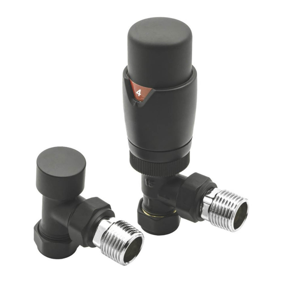 Reina Thermostatic Radiator Valve And Lockshield 15x15mm Modal TRV Black Angled - Image 1