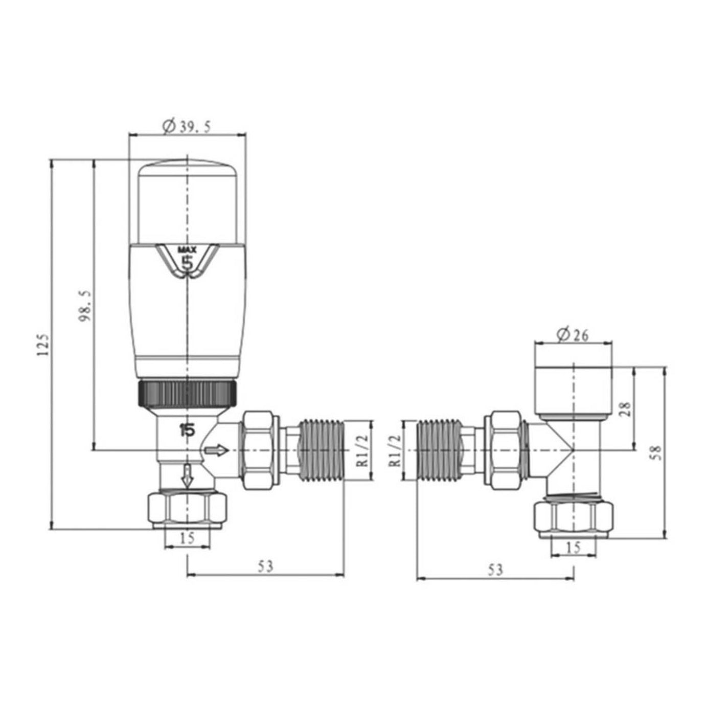 Reina Thermostatic Radiator Valve & Lockshield Modal TRV 15mmx15mm Black Angled - Image 3